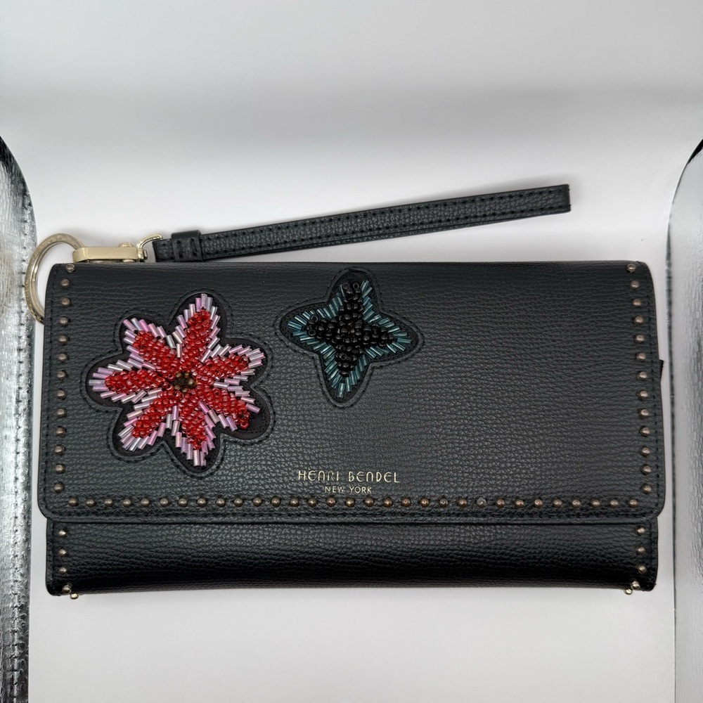 Henri Bendel Black Clutch Wristlet with Beaded Floral Accents Rare